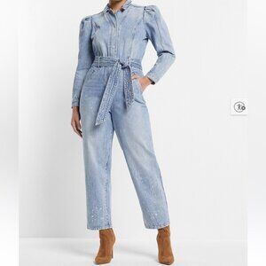Express Puff Sleeve Tie Waist Medium Wash Denim Jumpsuit - Size 2